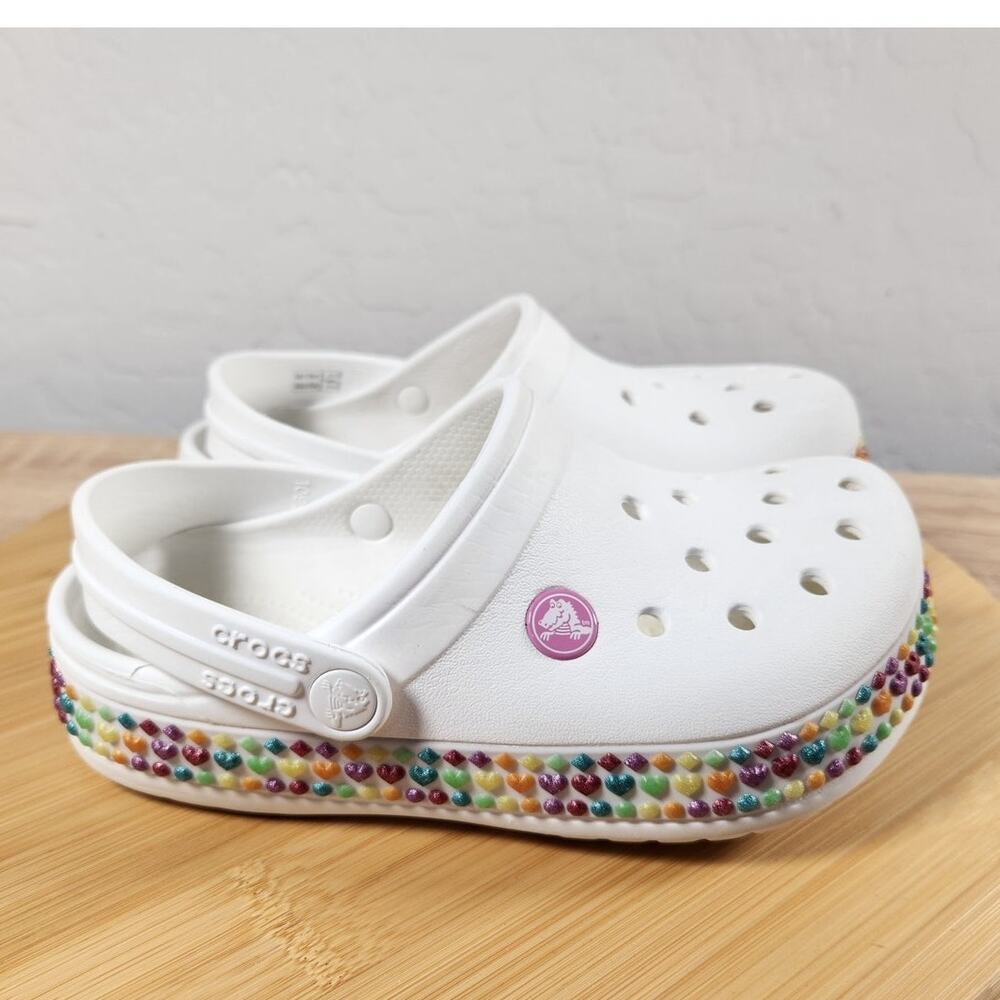 Children’s Crocs Unisex White Rainbow Big Kids Size 2 youth Water Shoes Slide on